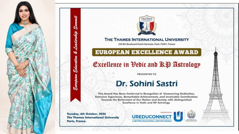 Dr. Sohini Sastri Honoured with the European Excellence Award 2026 for Excellence in Vedic and KP Astrology in Paris